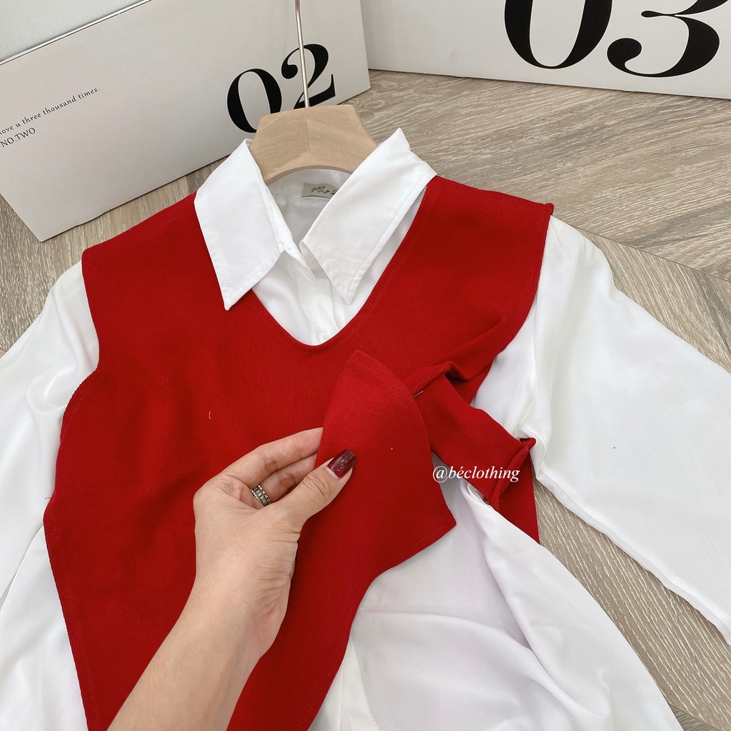 SET ÁO SM TRẮNG PHỐI GiLE ĐỎ XẺ TÀ + CV XẾP LY - KÈM VIDEO