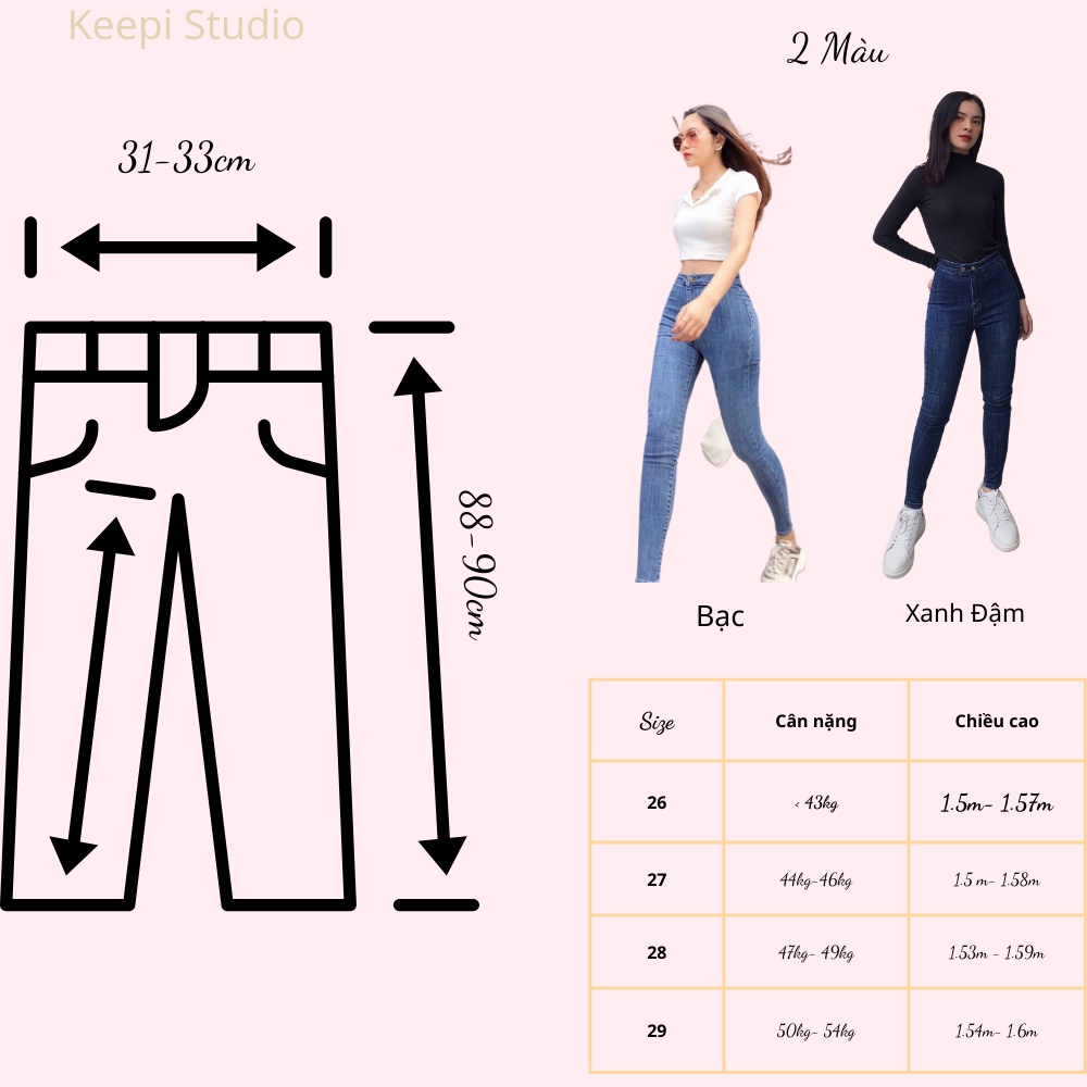 Quần Jean Nữ Lưng Cao Thiết Kế 2 Khuy, Quần Jeans Bó Vải Loại 1 Dày Mịn Tôn Dáng Quần Skinny Jean