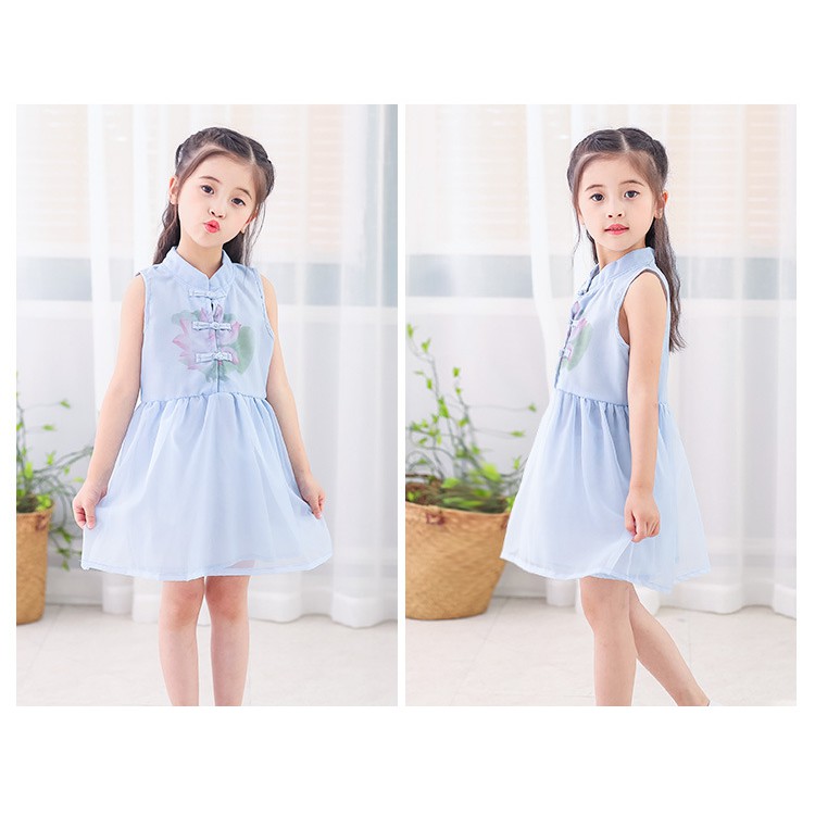 Sườn xám bé gái in hình hoa sen