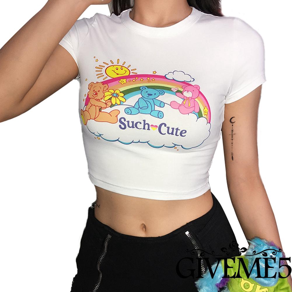 Áo Croptop Tay Ngắn Cổ Tròn In Hình Gấu Hoạt Hình Đáng Yêu Cho Nữ