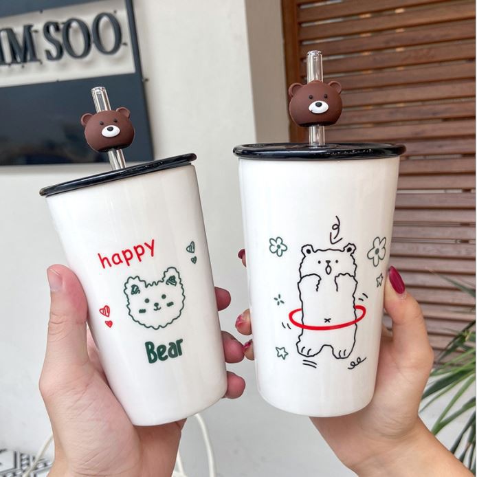 Cốc Sứ Trắng Có Ống Hút Gấu 450ml Cực Cute