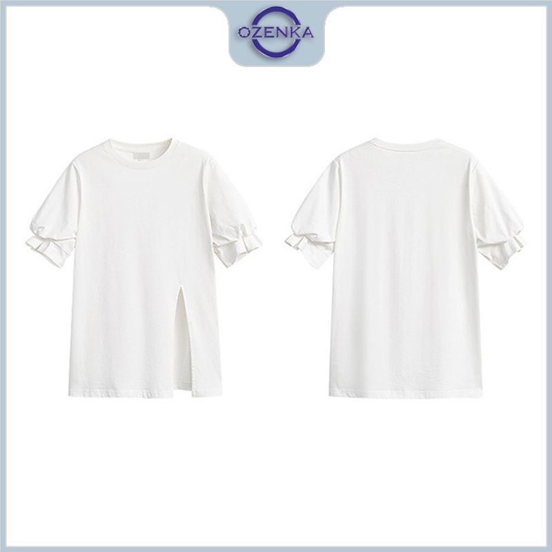 Áo thun nữ rộng tay lỡ oversize sẻ gấu OZENKA , áo phông cộc tay cổ tròn chất cotton dày đen trắng giá rẻ