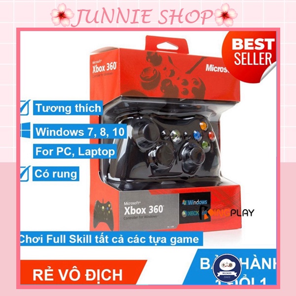 Tay cầm Chơi Game Microsoft Xbox 360 Full box Có Rung Có Dây Dùng Cho PC, Laptop chơi full skill FO4