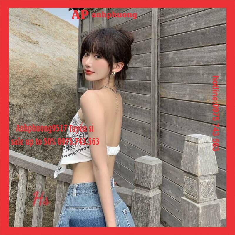 Áo Yếm thổ cẩm Nữ Trắng 2 dây Croptop Bandana Cúp Ngực Closet VINTAGE Hở Lưng SexyFreesize &lt;50kg
