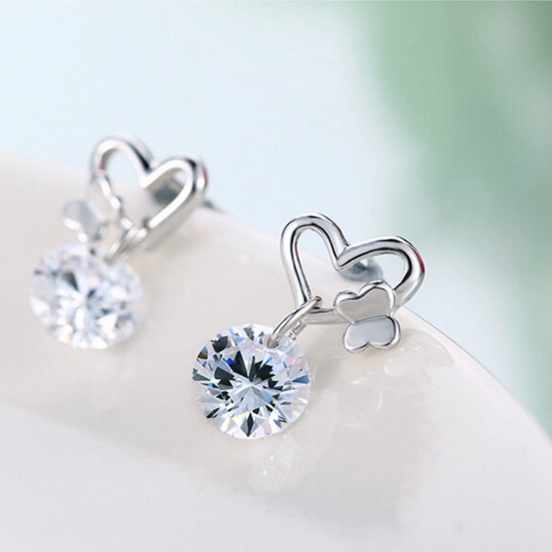 Hoa tai bạc 925 mạ hình bướm đính đá quý cho nữ