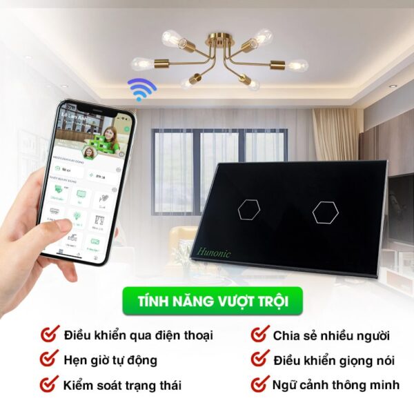 CÔNG TẮC CẢM ỨNG THÔNG MINH HUNONIC WIFI 2 NÚT