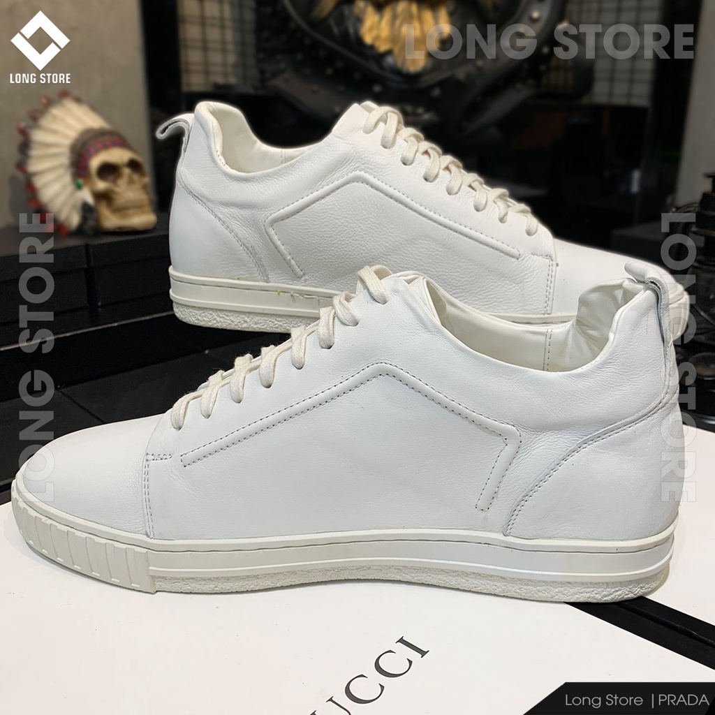 Giày thể thao nam đẹp sneaker đế cao da bò thật cao cấp màu trắng tăng chiều cao 3cm LONGSTORE