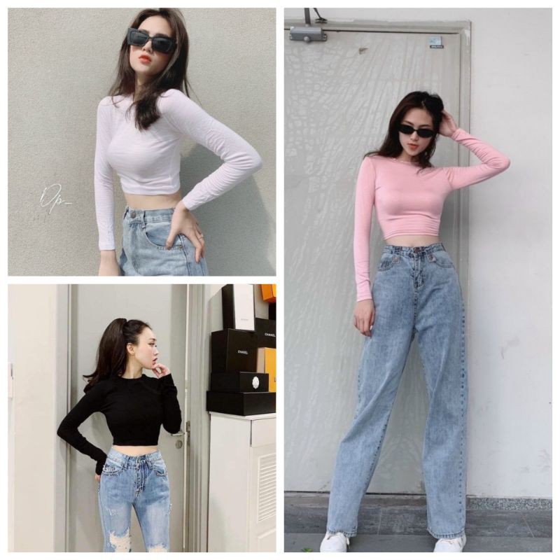 Áo Kiểu Croptop Tay dài BODY Chất Borip Lụa Mịn Mát, Freesize 53kg