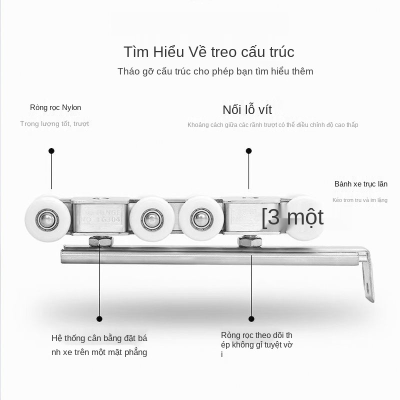 Mâm treo chuyên dụng cửa gỗ lùa bánh xe inox ròng rọc ray trượt nhà bếp