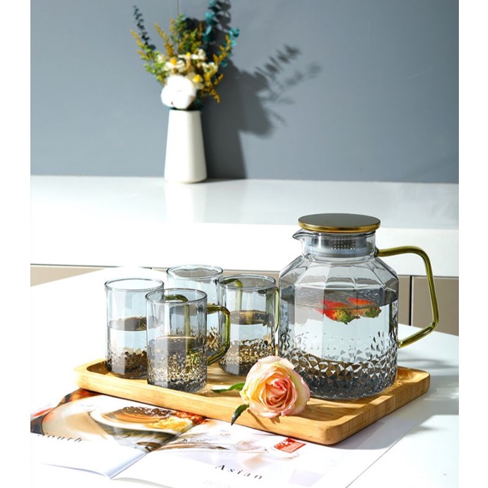 Combo 1 bình 4 cốc thủy tinh brosilicate chịu nhiệt dung tích lớn 1.8L