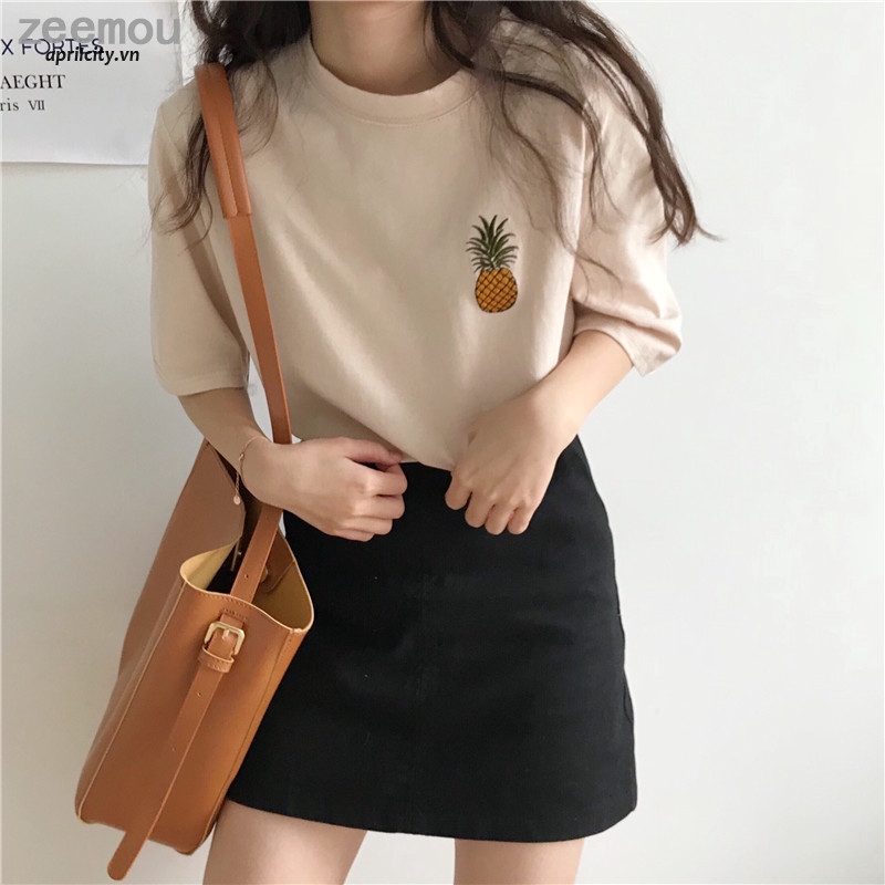 Freeship từ 50K - Áo thun ngắn tay màu trơn in hình quả dứa phong cách Hàn Quốc