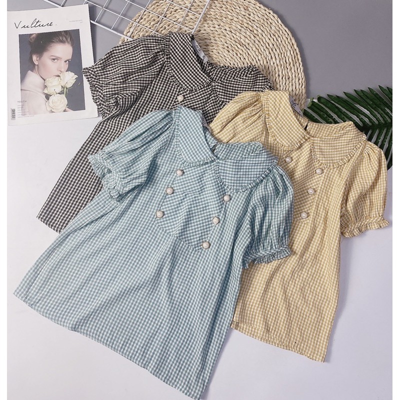 Áo kẻ cổ sen 6 cúc