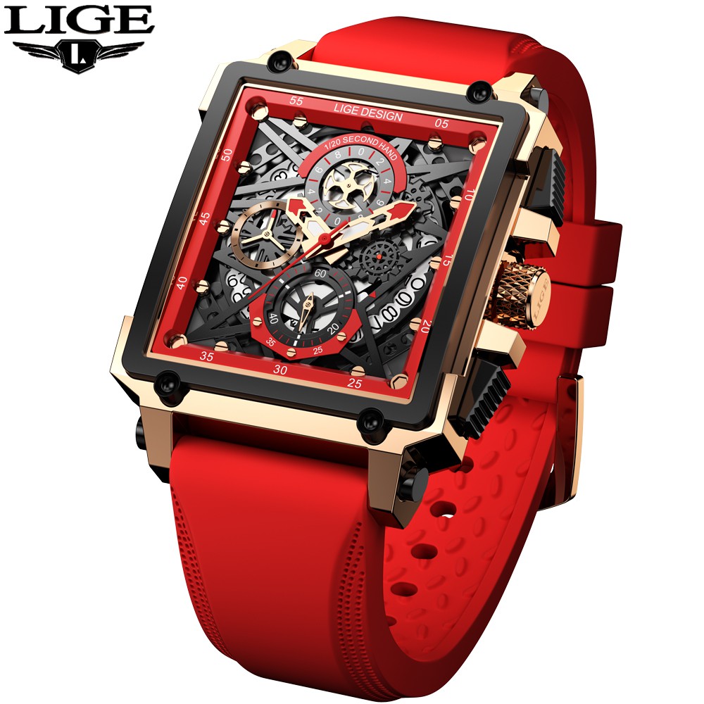 Men's LIGE8935 Red Silicone Strap Square Quartz Waterproof Watch