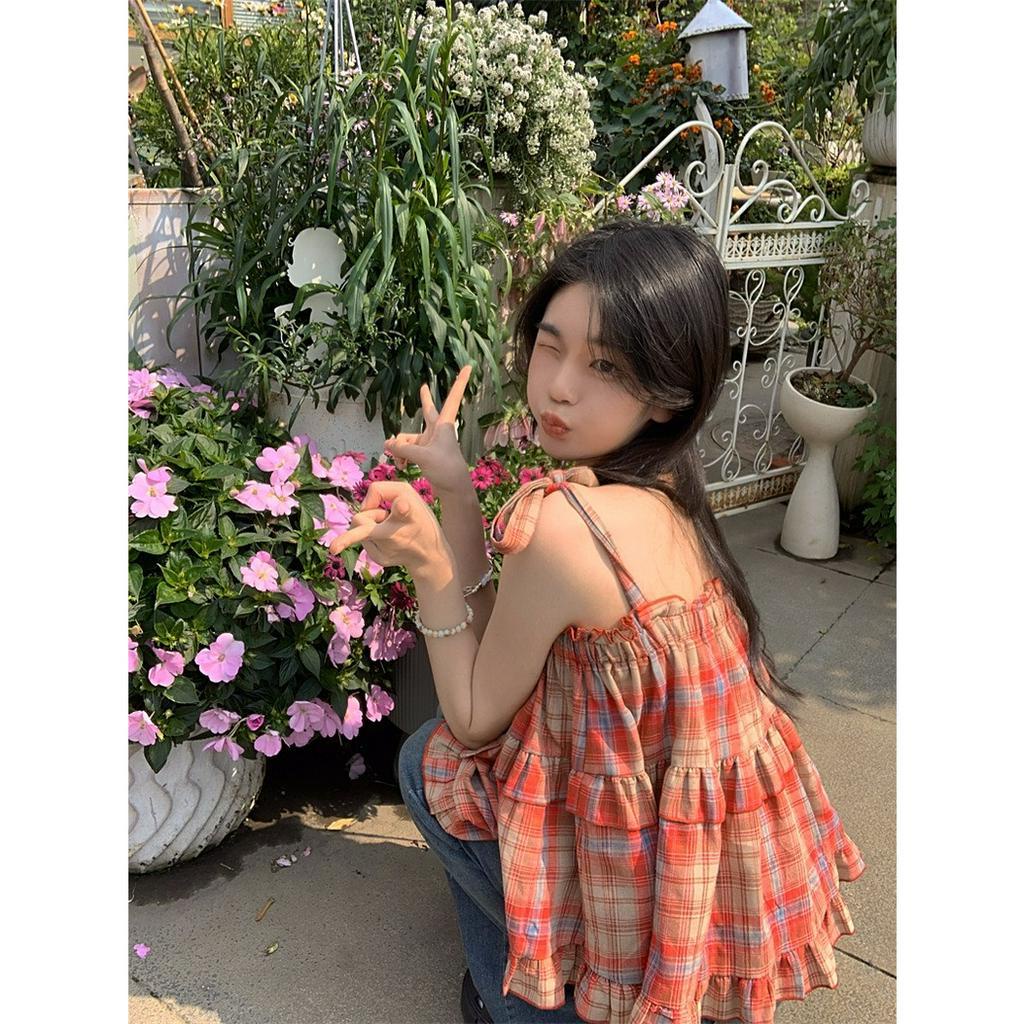 Áo Babydoll Nữ 2 Dây Kẻ Caro 🦋 Áo Nữ 2s Buộc Nơ Viền Bèo Chất Thô Đũi 🦋