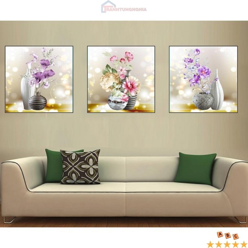 Tranh đính đá, tranh thêu chữ thập bình hoa bộ 3 bức