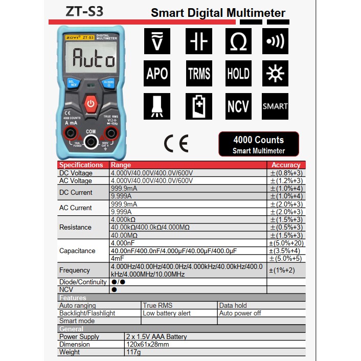 Đồng Hồ Đo Điện Zoyi Zt-S3 Đo Điện Vạn Năng Tự Động Bảo Hành 12 Tháng - Hàng Chính Hãng