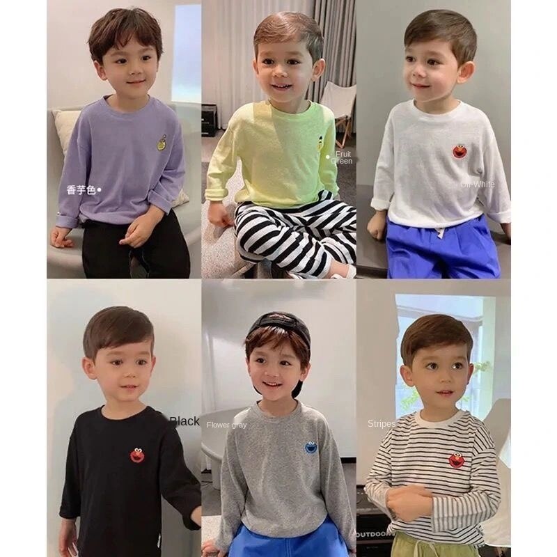 Áo Thun Tay Dài Vải Cotton Mỏng In Hình Sesame Street Thời Trang Xuân Thu Cho Bé Trai 2021