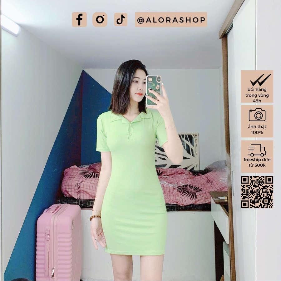 Váy nữ polo, đầm nữ cổ bẻ chất cotton zip dáng ôm ngắn tay hồng, đen freesize thời trang nữ Alora | BigBuy360 - bigbuy360.vn