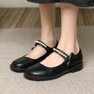 Giày lười da đế bằng 3cm đính nơ ngọc trai phong cách Anh Quốc thời trang cho nữ