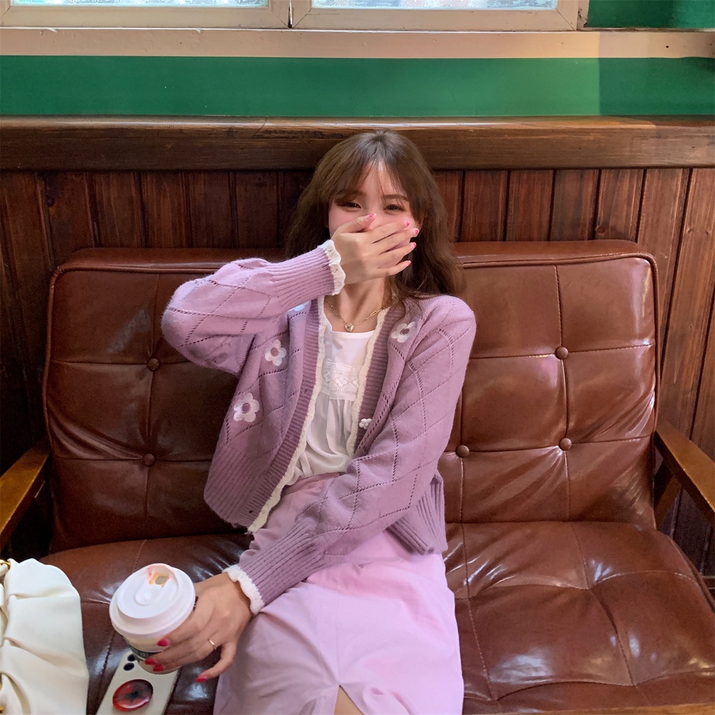 Áo khoác cardigan Pure Cube dệt kim tay dài thêu hoa dễ thương xinh xắn cho nữ