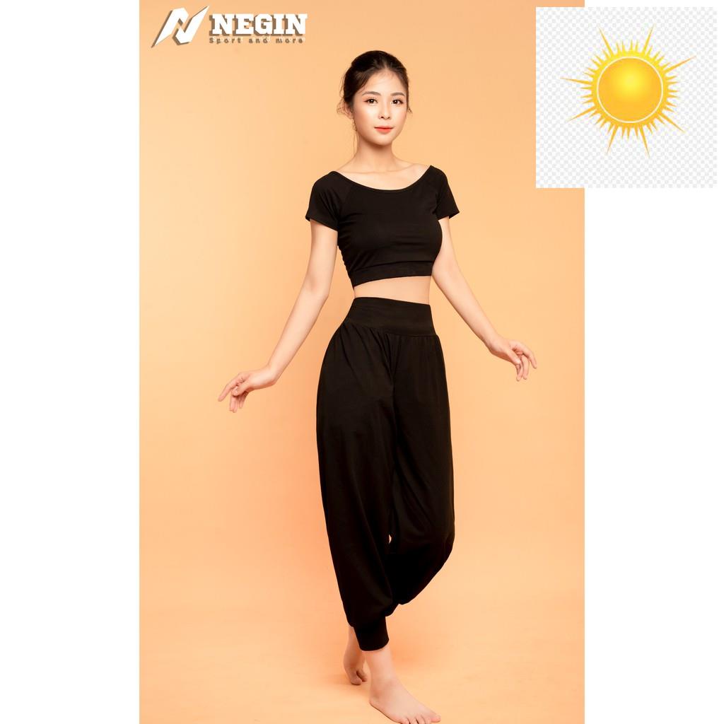 ✊ Bộ Đồ Tập Yoga Alibaba NEGIN Dài Áo Croptop Cộc tay Ôm Body Và Quần Bo Gấu Chất Cotton Lạnh Cao Cấp Thấm Hút Mồ Hôi ✊