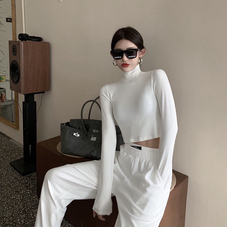 Áo Cổ Lọ Dài Tay Dáng Croptop MIMILA Áo Thun Co Giãn Cổ Cao 6 Phân Giữ Ấm Tốt - MA010
