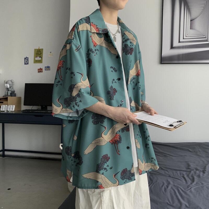 [Mã WAMT10K giảm 10k cho đơn 0k] Áo sơ mi unisex in hình hạc (đen/xanh) kèm ảnh thật | BigBuy360 - bigbuy360.vn