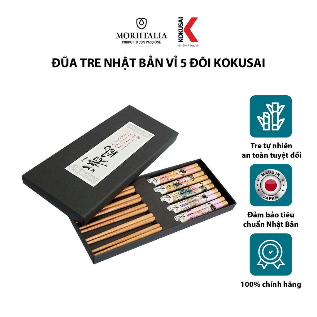 Đũa tre Nhật Bản cao cấp Kokusai nhập khẩu chính hãng 100%, Vỉ 5 đôi chất liệu tre tự nhiên an toàn Moriitalia NDCK-10