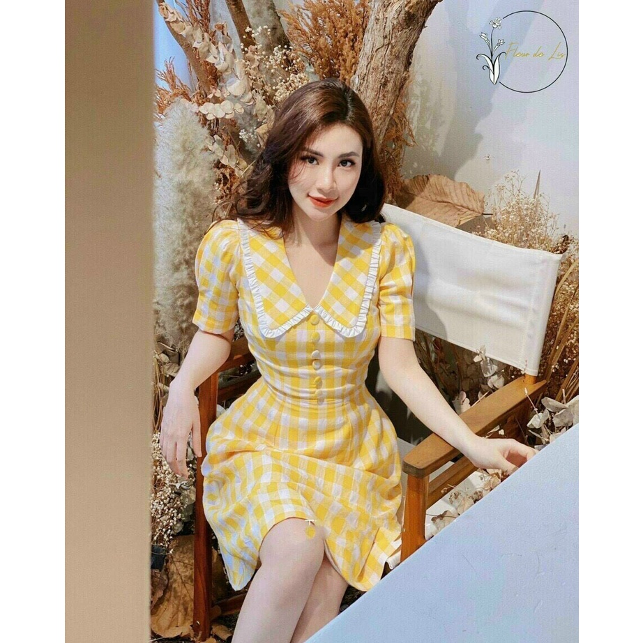 (Sale FreeShip) Đầm nút bọc nữ dáng xòe,đầm caro cổ bèo phối viền cực xinh,tone màu vàng mặc cực trắng da,from chuẩn