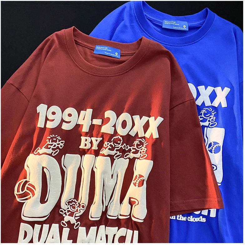 Áo Thun 100% Cotton Nguyên Chất Tay Ngắn Màu Đỏ Rượu Vang Phong Cách Đường Phố Mới Dành Cho Cặp Đôi