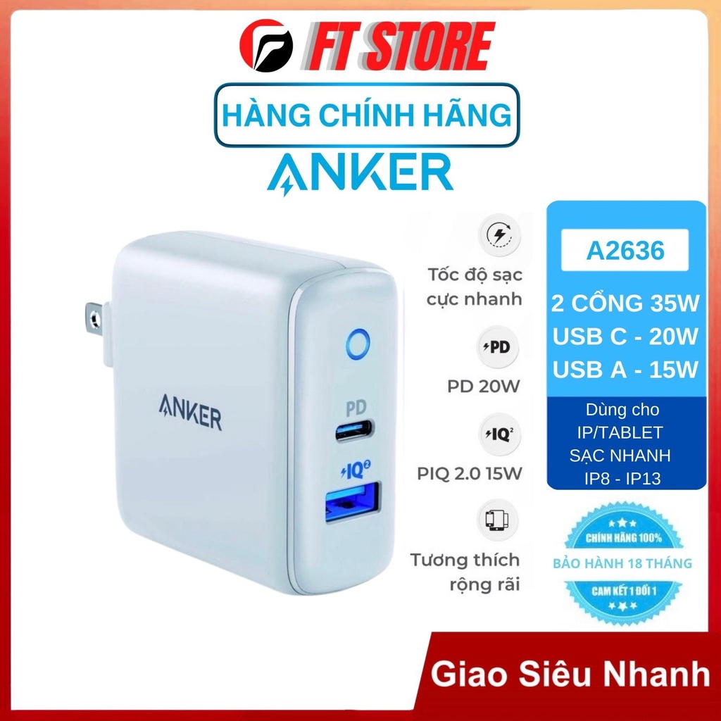 Củ sạc Anker PowerPort PD+2 35w (USB C PD, PowerIQ2.0) A2636