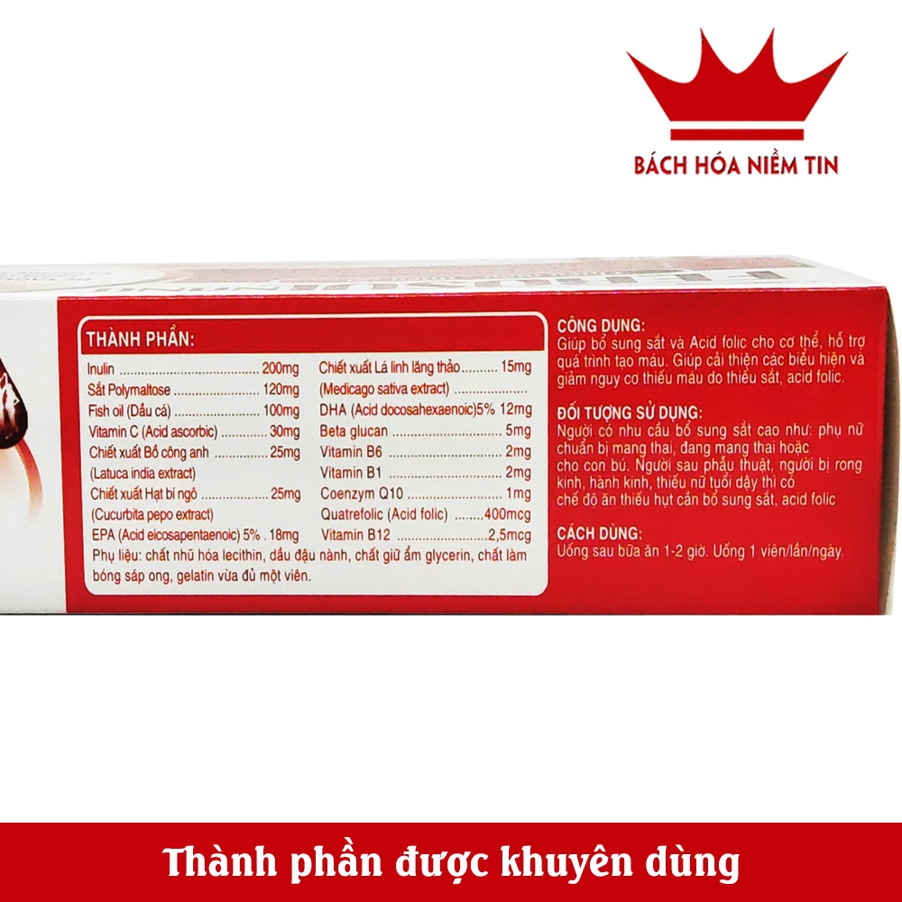 Bổ máu Ferosol Nano bổ sung Sắt, Acid Folic cho người thiếu máu, phụ nữ mang thai và cho con bú - Hộp 30 viên