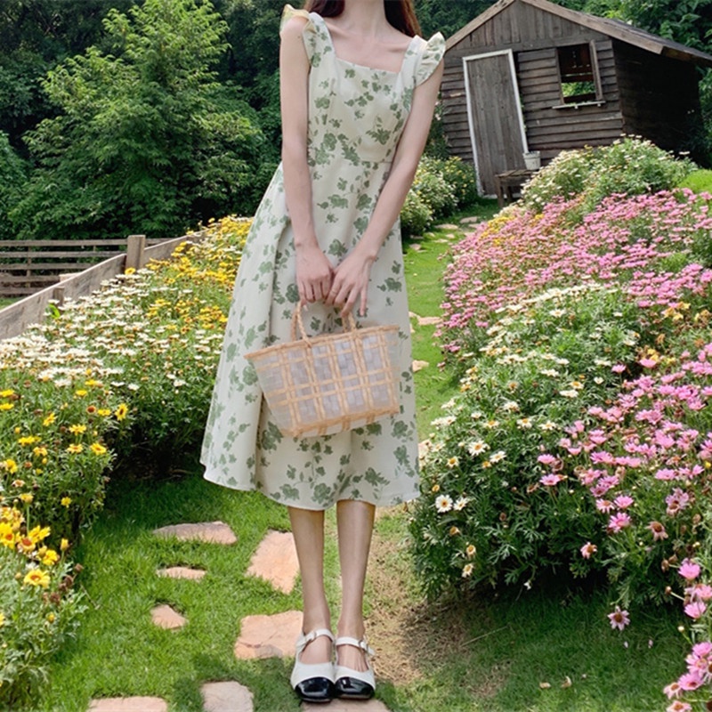 Đầm Chữ a Dáng Ôm Tay Cánh Tiên Cổ Vuông Họa Tiết Hoa Phong Cách Pháp Thời Trang Mùa Hè 2022 Dành Cho Nữ