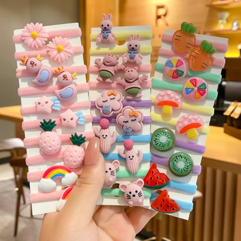 Set 10 dây buộc tóc co giãn họa tiết hoạt hình nhiều màu sắc dễ thương thời trang cho bé gái