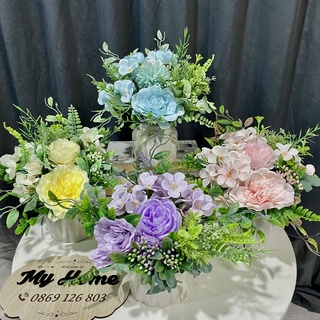 Hoa giả cắm sẵn - Mẫu đơn hoa hồng mix tú cầu sang trọng 20cm*18cm, Bình mộc lan cao cấp trang trí