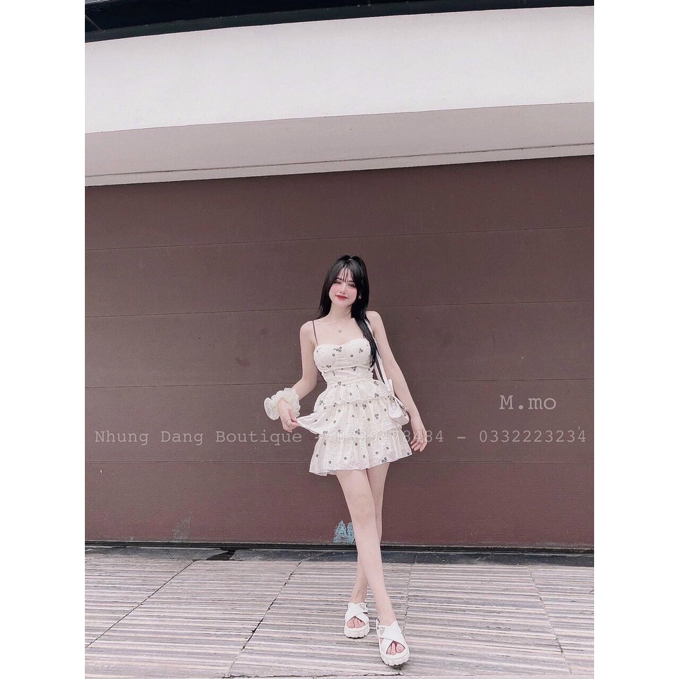 [9.9 Sales Freeship] Đầm 2 dây cúp ngực in hoa nhí, đầm trắng xòe tầng in hoa đen dáng ngắn đi tiệc quyến rũ,sang chảnh