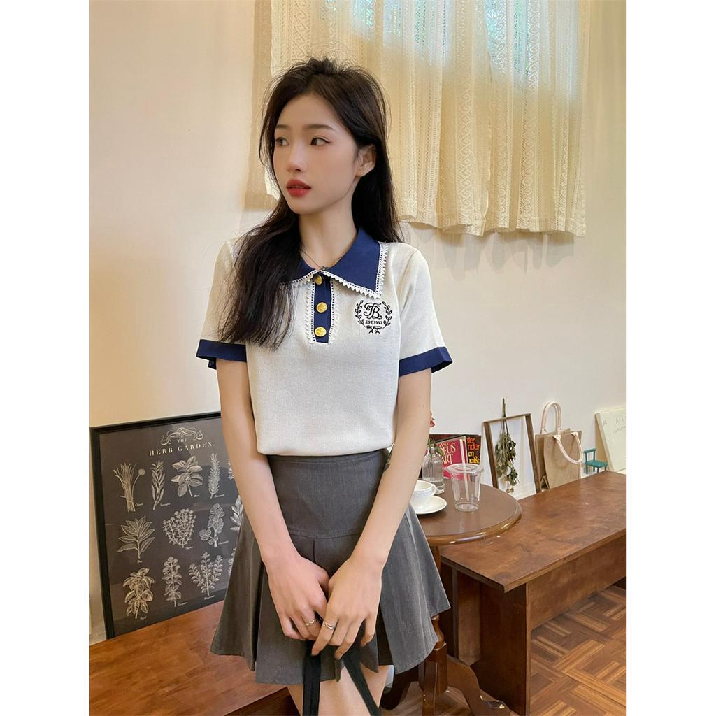 ZHELIHANGFEI Áo polo Dệt Kim Tay Ngắn Thêu Họa Tiết Phong Cách Pháp Thời Trang Cho Nữ