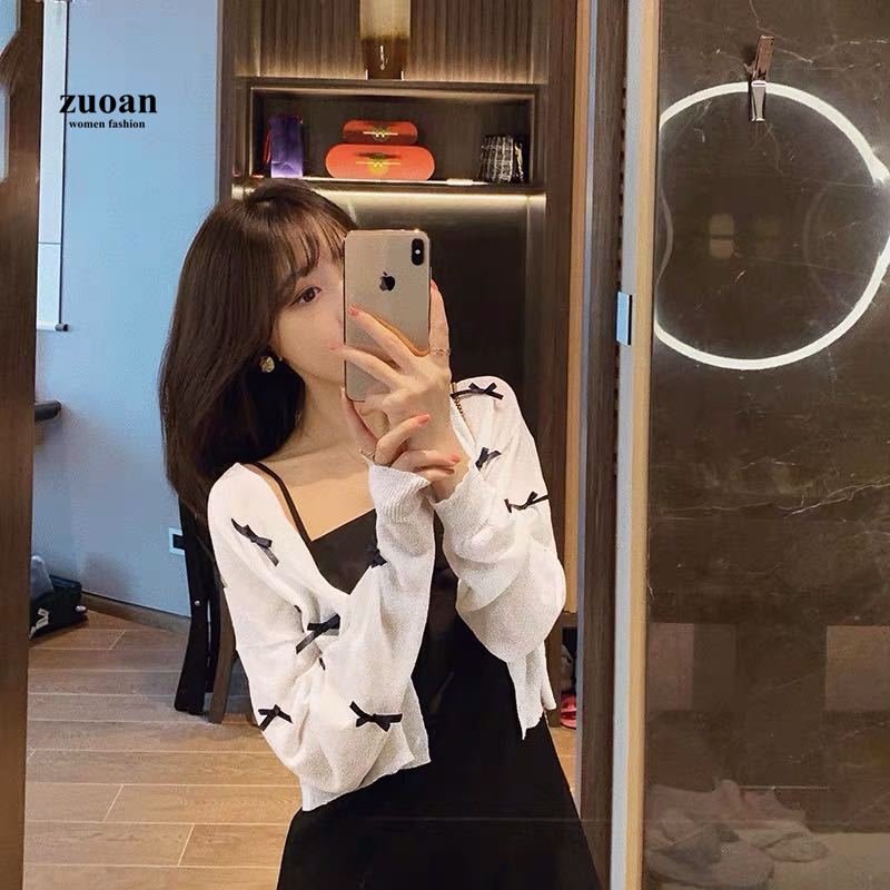 SUXI Áo Dệt Kim Nữ Tay Dài Cổ Chữ V Phối Nơ