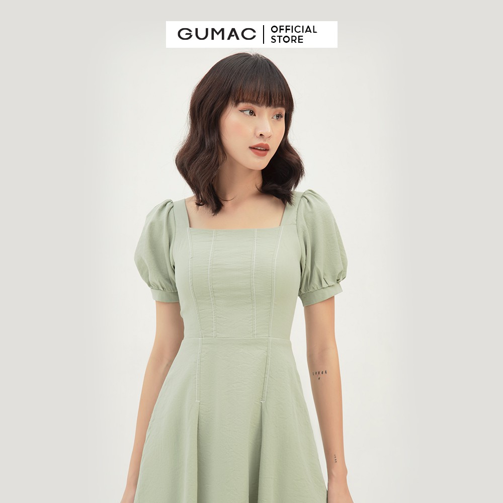 [Mã MABR07062 giảm 8% tối đa 50K đơn từ 249K] Đầm xòe nữ cổ vuông dằn chỉ GUMAC màu xanh trơn DB345 | BigBuy360 - bigbuy360.vn