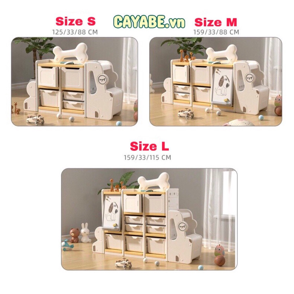 Tủ kệ nhựa - bảng vẽ đa năng đựng đồ chơi, quần áo hình CÚN CON CAYABE màu trắng xám cho bé (Size M/  L)