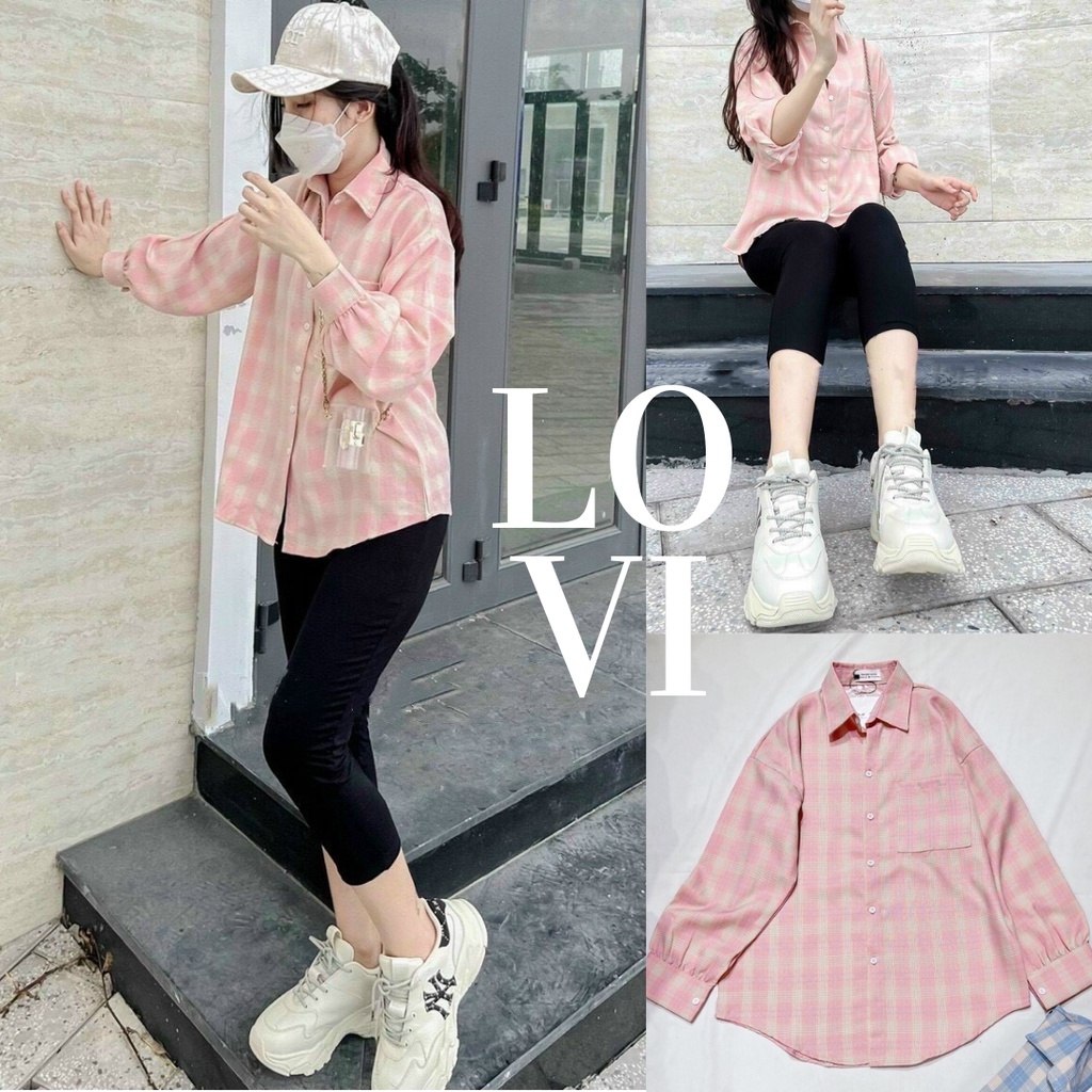 LOVI SHOP- Áo sơ mi kẻ caro hồng mới form rộng tay cánh dơi Lovi