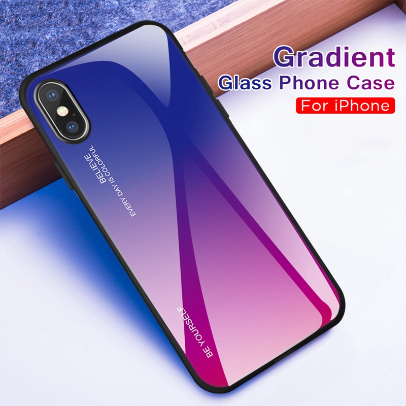 Ốp điện thoại mặt kính cường lực màu gradient cho iPhone X XR XS Max