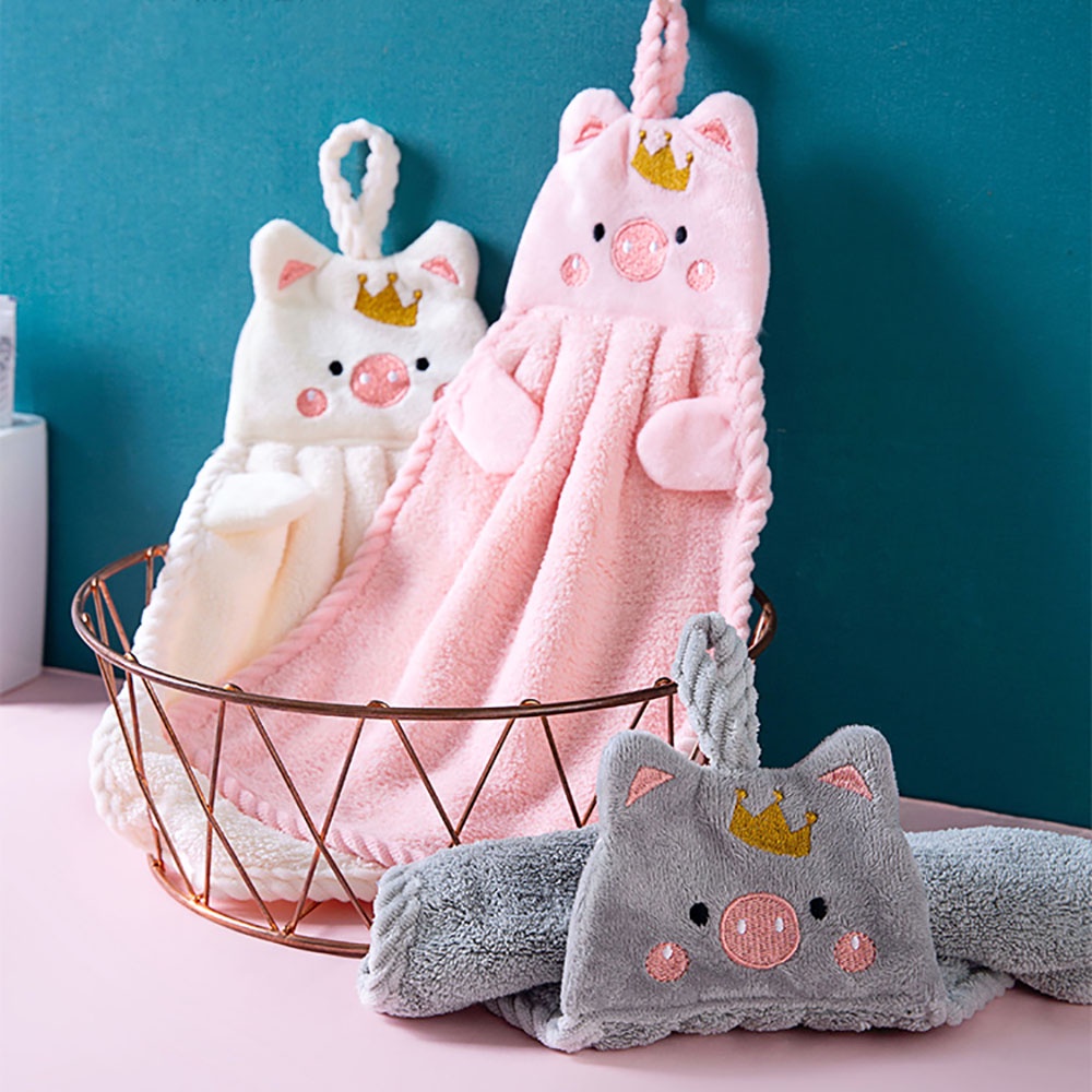 Khăn lau tay bằng vải sợi nhỏ khô nhanh thêu hình chú heo hoạt hình nhiều màu tùy chọn