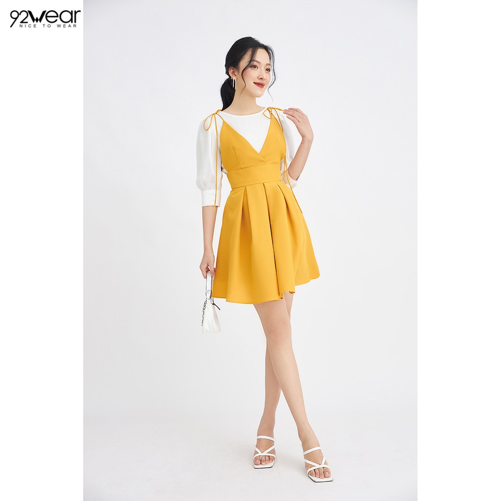 Đầm xòe tay lửng trắng phối màu DEW0053 - 92Wear | BigBuy360 - bigbuy360.vn