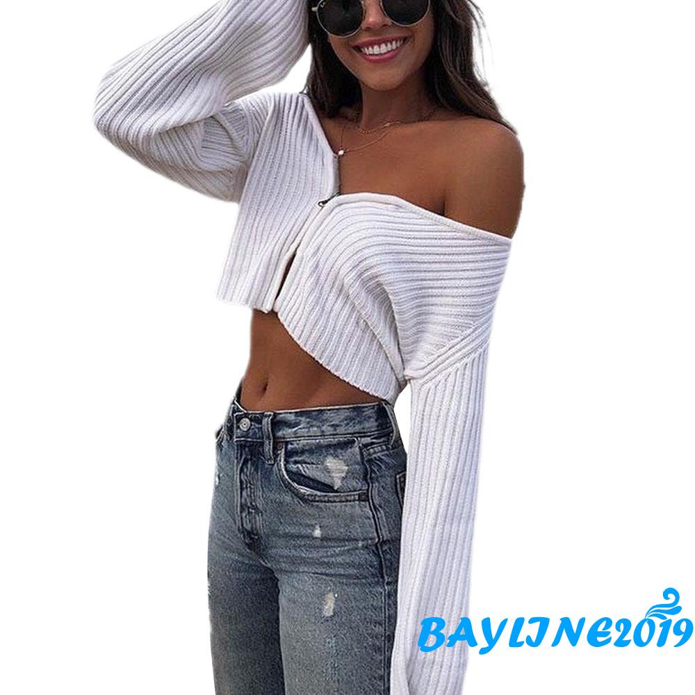 Áo dệt kim tay dài màu sắc đơn giản có khóa kéo cho nữ