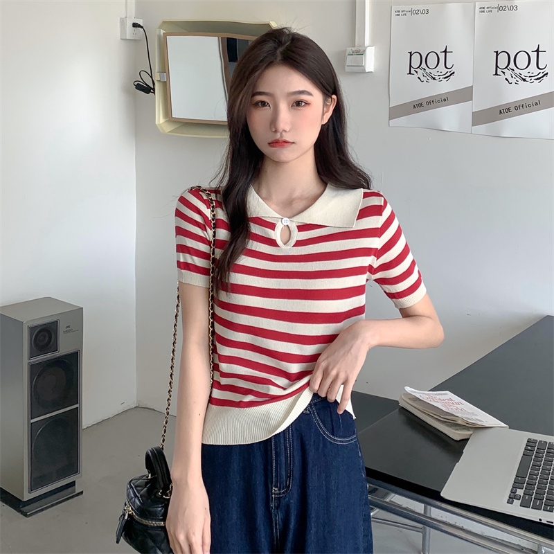 Áo Thun POLO Dệt Kim Ngắn Tay Họa Tiết Kẻ Sọc Thời Trang