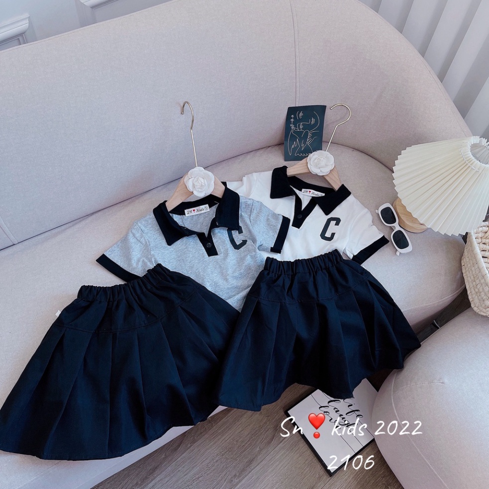 Sét áo thun kèm chân váy cho bé gái kiểu dáng thể thao, Set váy chữ C cho bé size 15-38kg