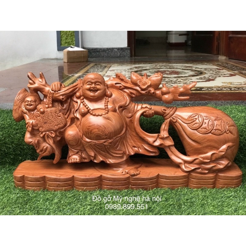 Tượng Phật di lặc gỗ hương kéo bao tiền ngang 60cm