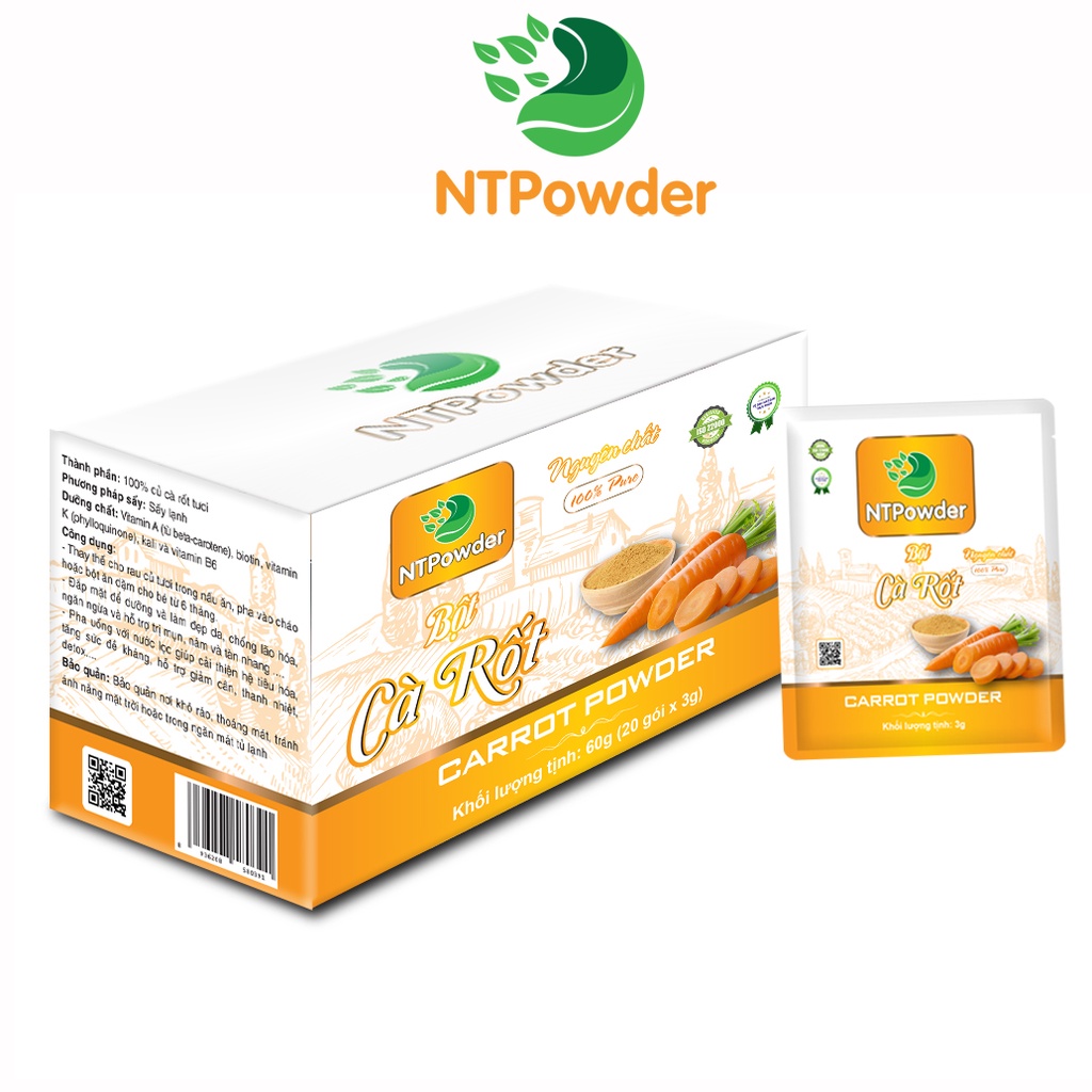[Hộp 20 gói x 3g] Bột Cà Rốt sấy lạnh nguyên chất NTPOWDER 60g - Nhất Tín Food