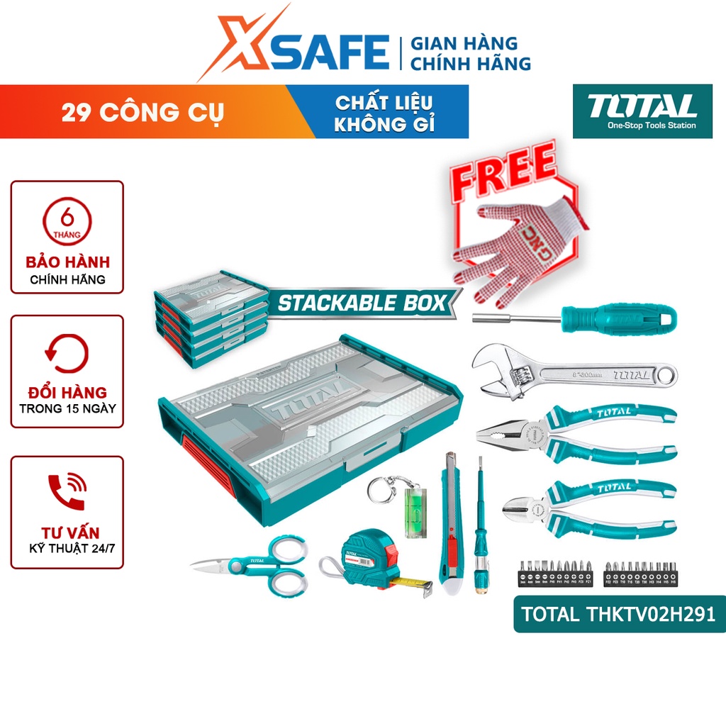 Bộ đồ nghề gia dụng 29 chi tiết TOTAL THKTV02H291 Bộ 29 công cụ bao gồm kềm, mỏ lết, bút thử điện, thước kéo-Chính hãng